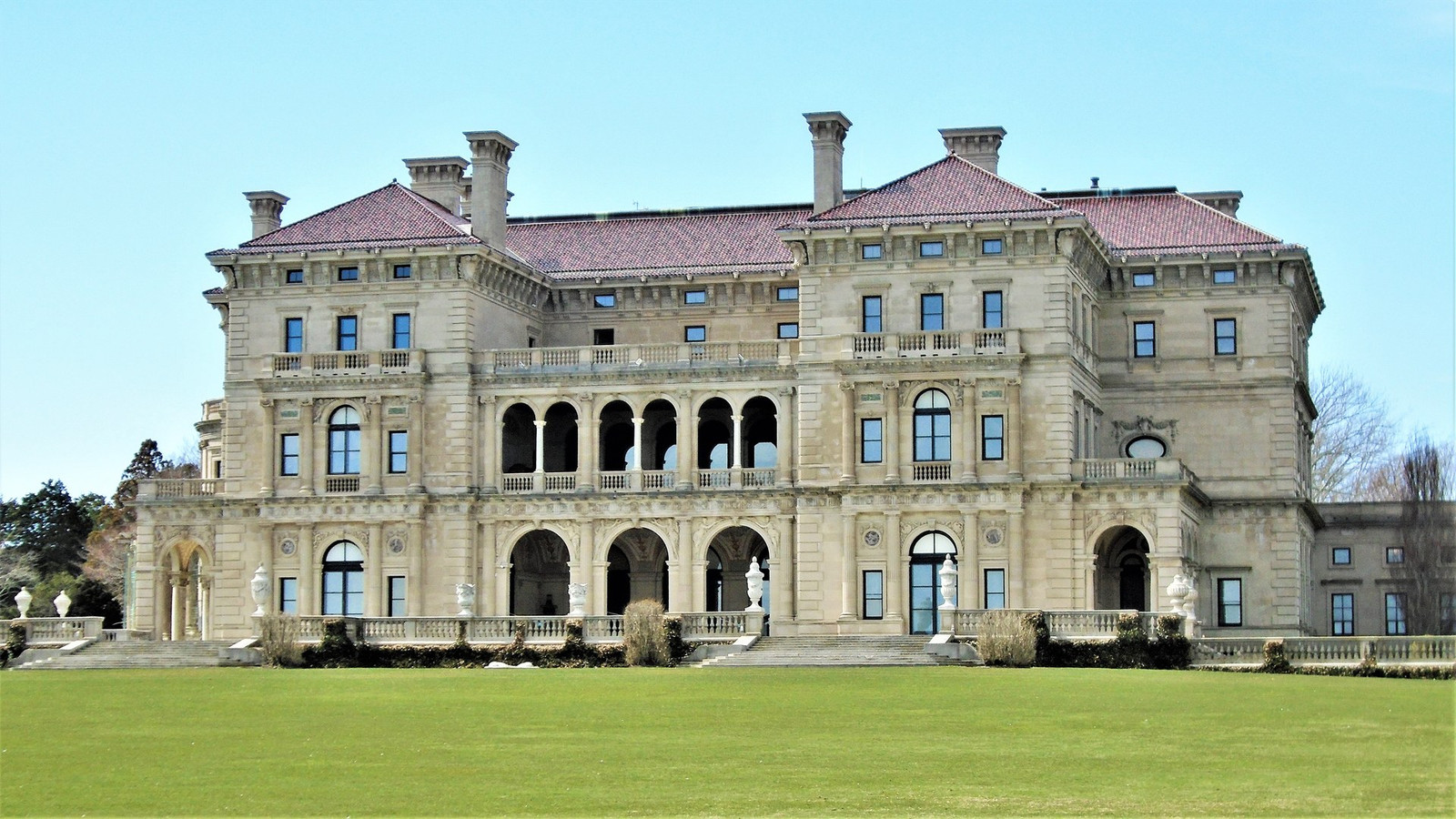 The Breakers rises beyond its ocean-facing lawn in Newport
