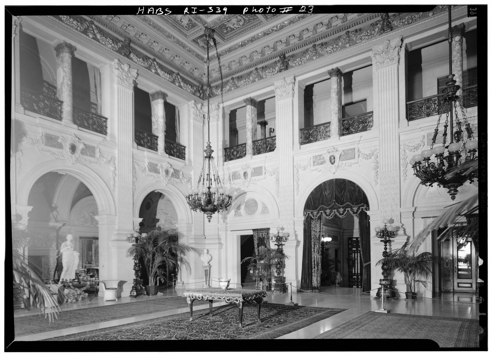 Historic survey view across The Breakers Great Hall toward the entrance