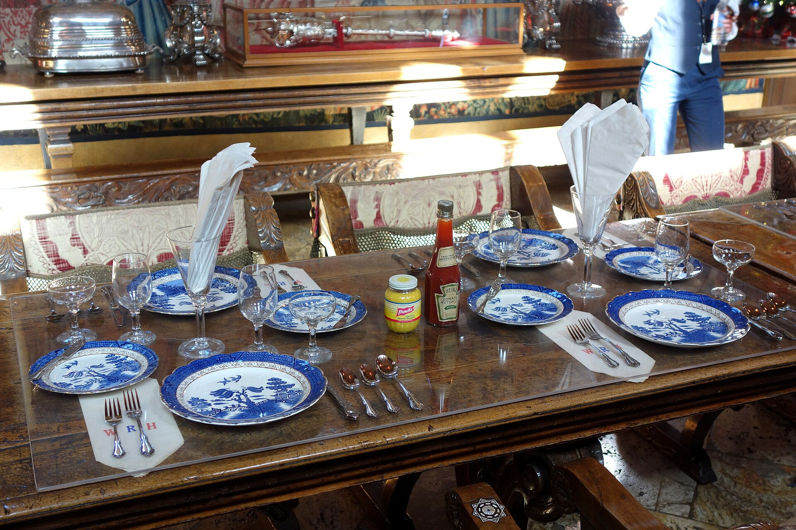 Long dining table set inside the Refectory at Hearst Castle