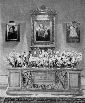 1917 painting of the Raphael Room at Lynnewood Hall with paintings, furniture, and spring flowers