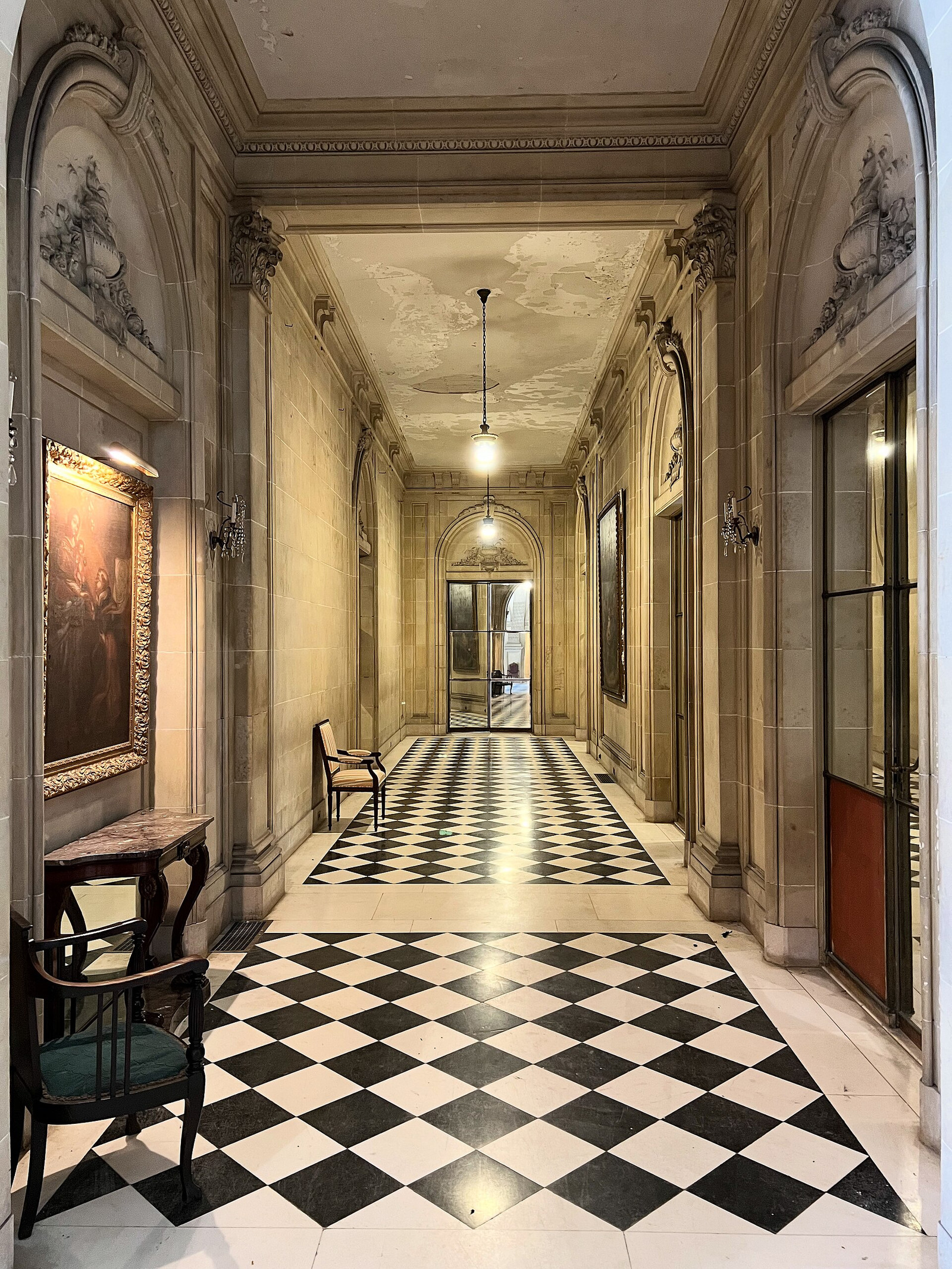West Hall at Lynnewood Hall in 2025 with marble columns and unfinished surfaces