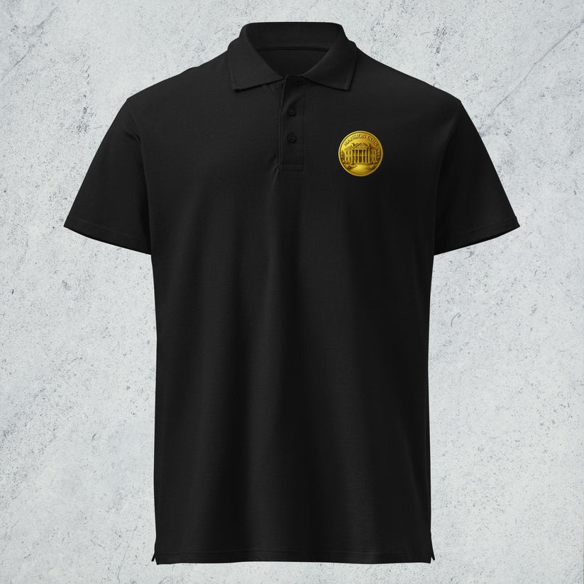 White Mansioncoin Crest Polo with gold Mansioncoin emblem